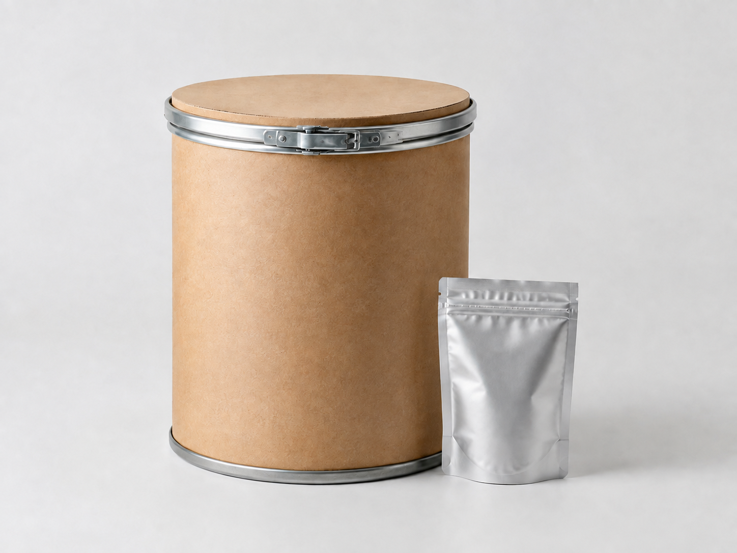 AI-generated paper drum and pouch packaging concept, not confirmed shipping packaging.